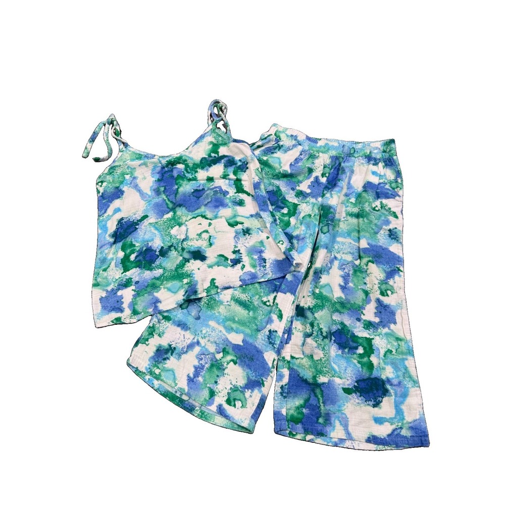 Ambrielle Blue Green Water Color Pajama Sleep Set Cotton Cami Cropped Pants Sz S